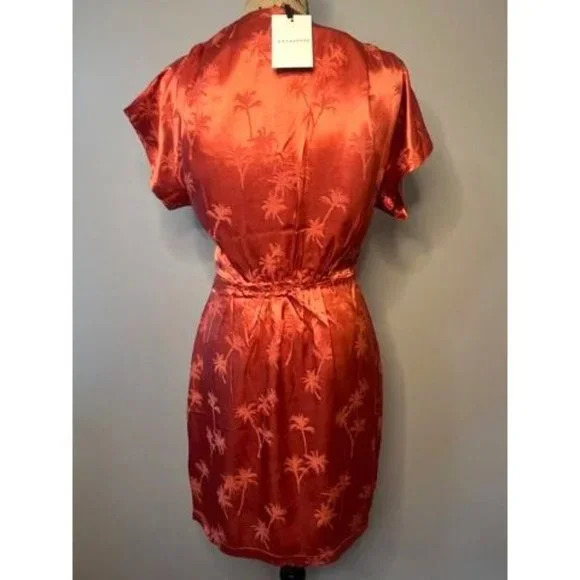 #81 NWT Silky Palm Print Dress Orange Short Sleeve V Neck Dress XS, S, M - Picture 3 of 12